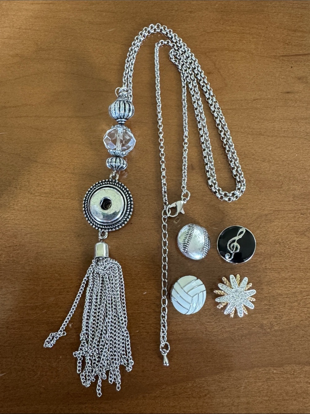 Snap Jewelry Silver Tassel Pendant Necklace with 4 Interchangeable Charms